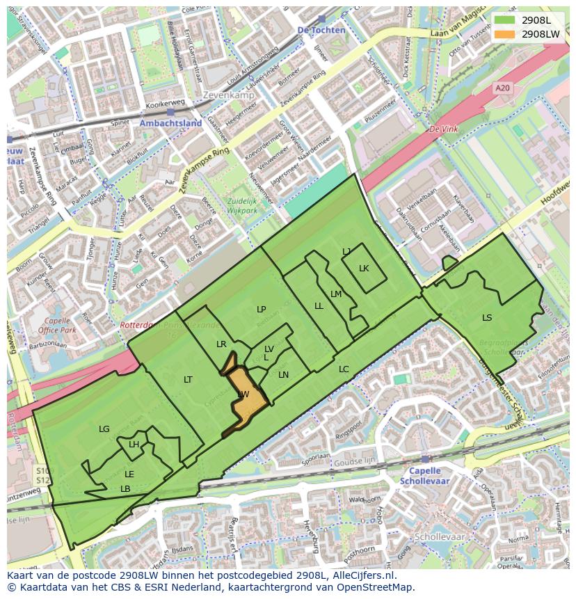 Afbeelding van het postcodegebied 2908 LW op de kaart.