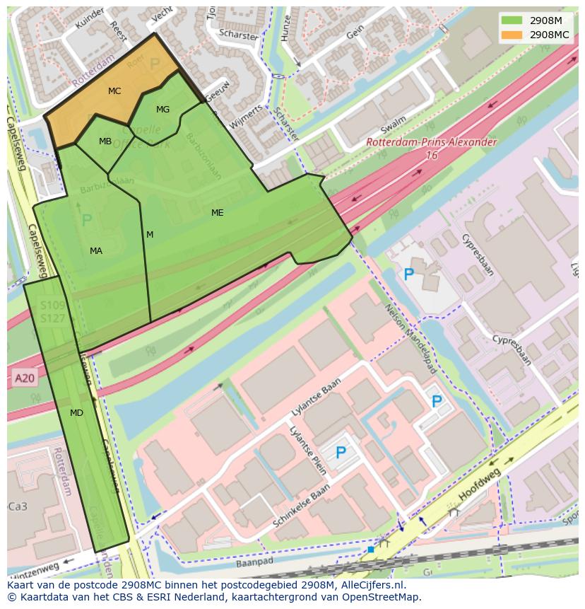 Afbeelding van het postcodegebied 2908 MC op de kaart.