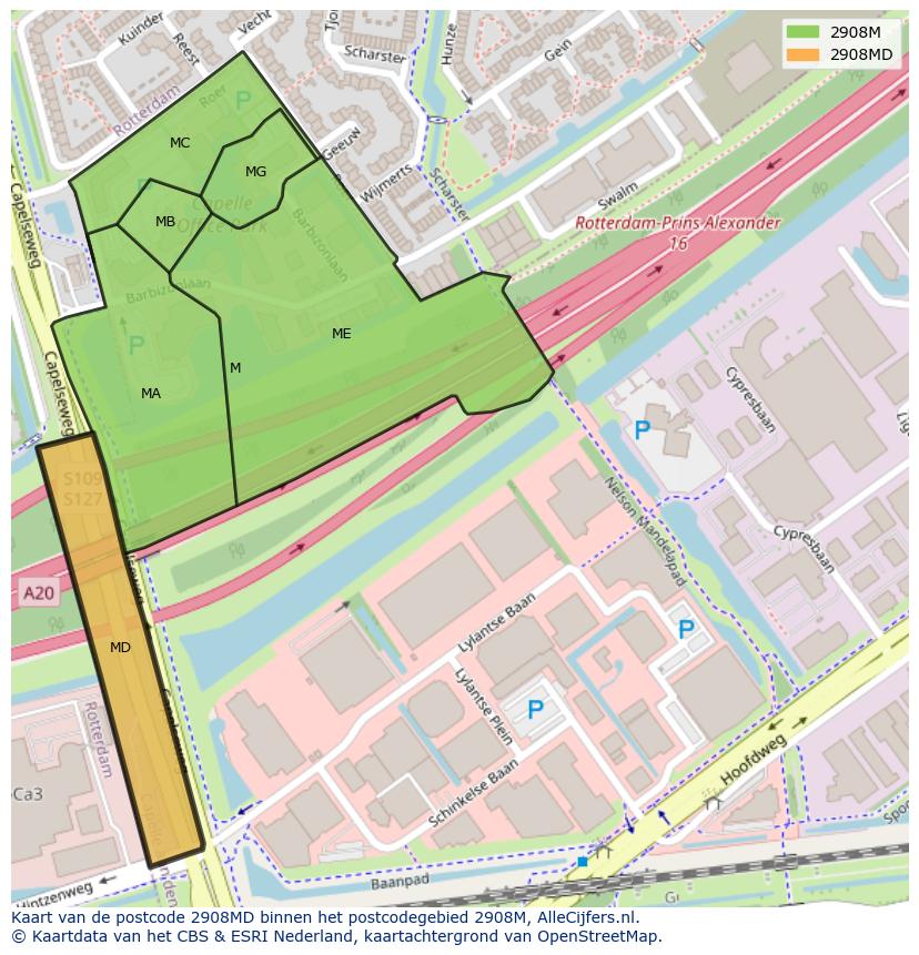 Afbeelding van het postcodegebied 2908 MD op de kaart.