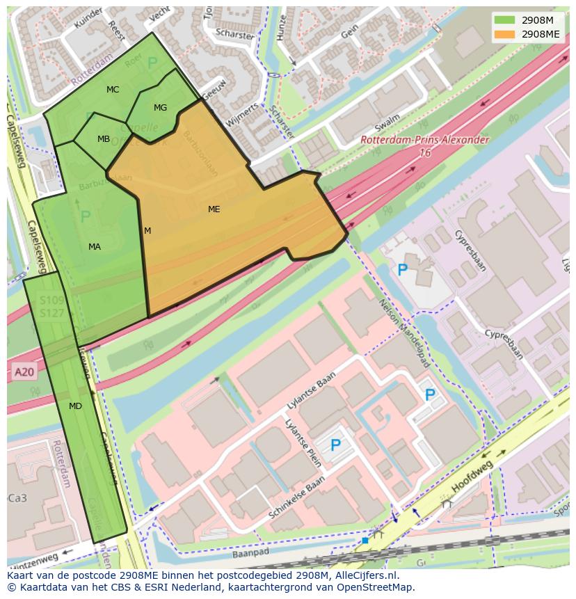 Afbeelding van het postcodegebied 2908 ME op de kaart.
