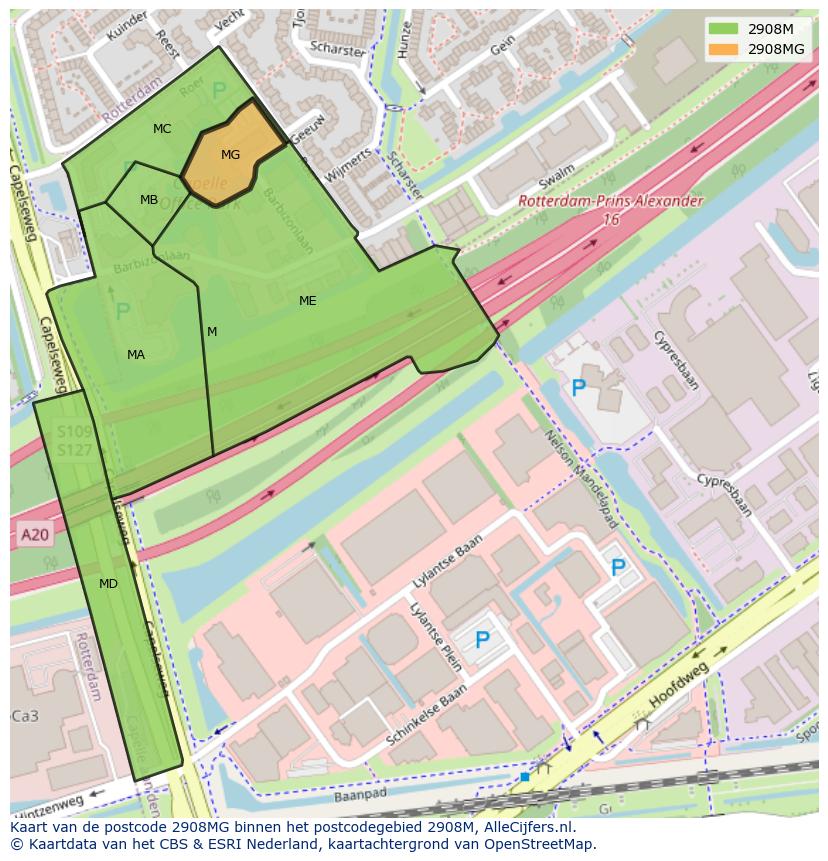 Afbeelding van het postcodegebied 2908 MG op de kaart.