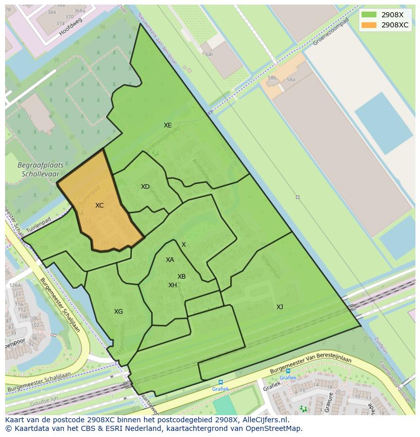 Afbeelding van het postcodegebied 2908 XC op de kaart.