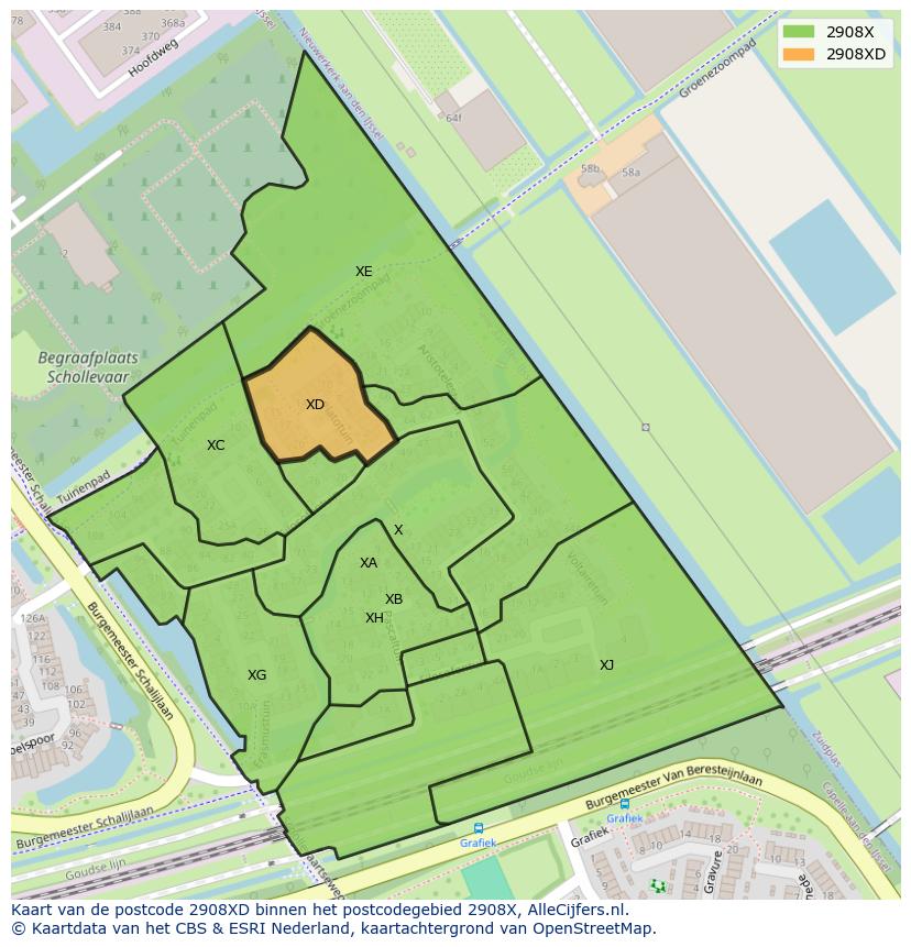 Afbeelding van het postcodegebied 2908 XD op de kaart.