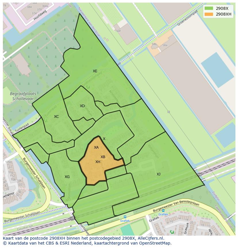 Afbeelding van het postcodegebied 2908 XH op de kaart.