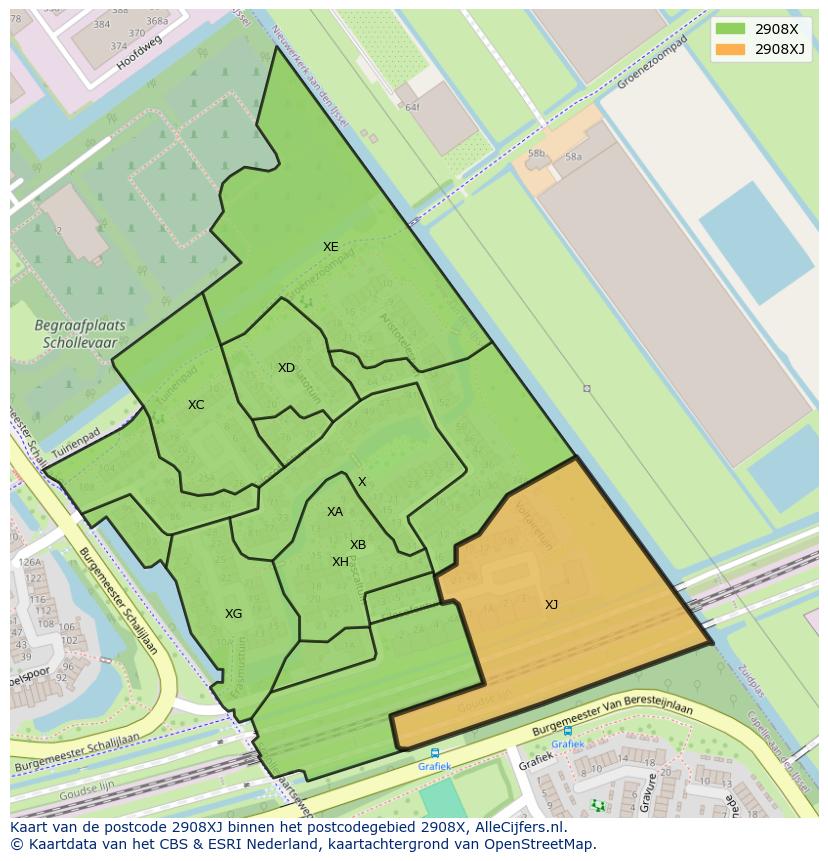 Afbeelding van het postcodegebied 2908 XJ op de kaart.