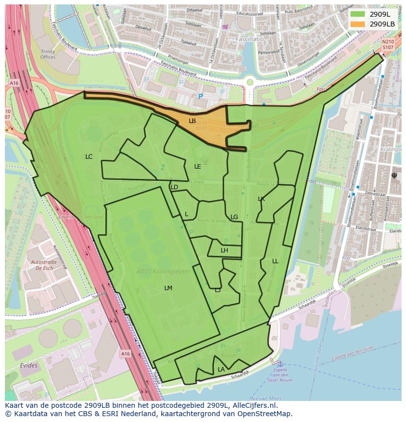 Afbeelding van het postcodegebied 2909 LB op de kaart.
