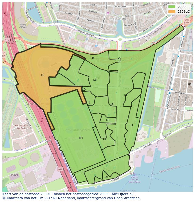 Afbeelding van het postcodegebied 2909 LC op de kaart.