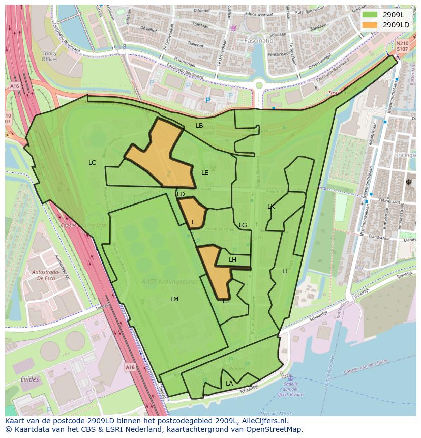 Afbeelding van het postcodegebied 2909 LD op de kaart.