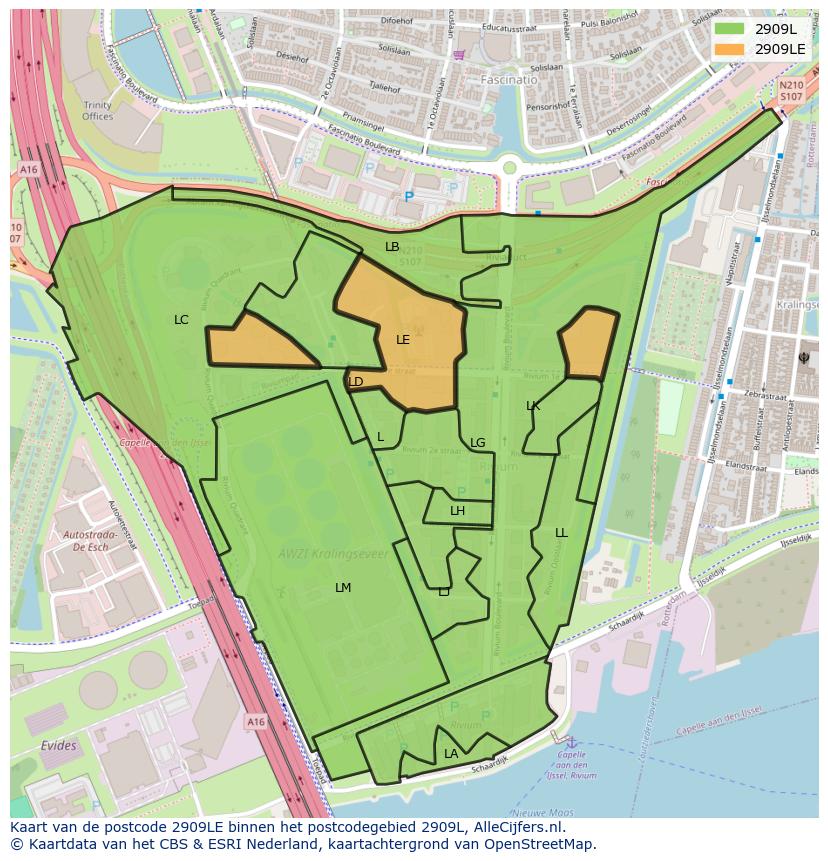 Afbeelding van het postcodegebied 2909 LE op de kaart.