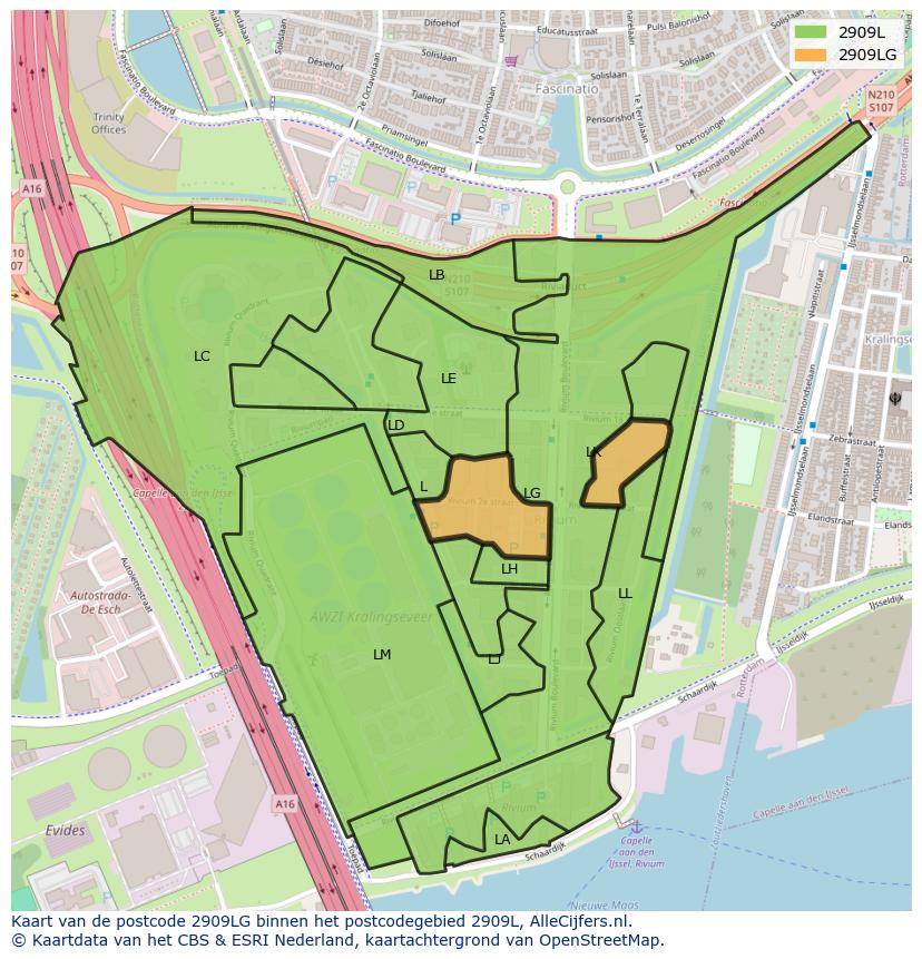Afbeelding van het postcodegebied 2909 LG op de kaart.