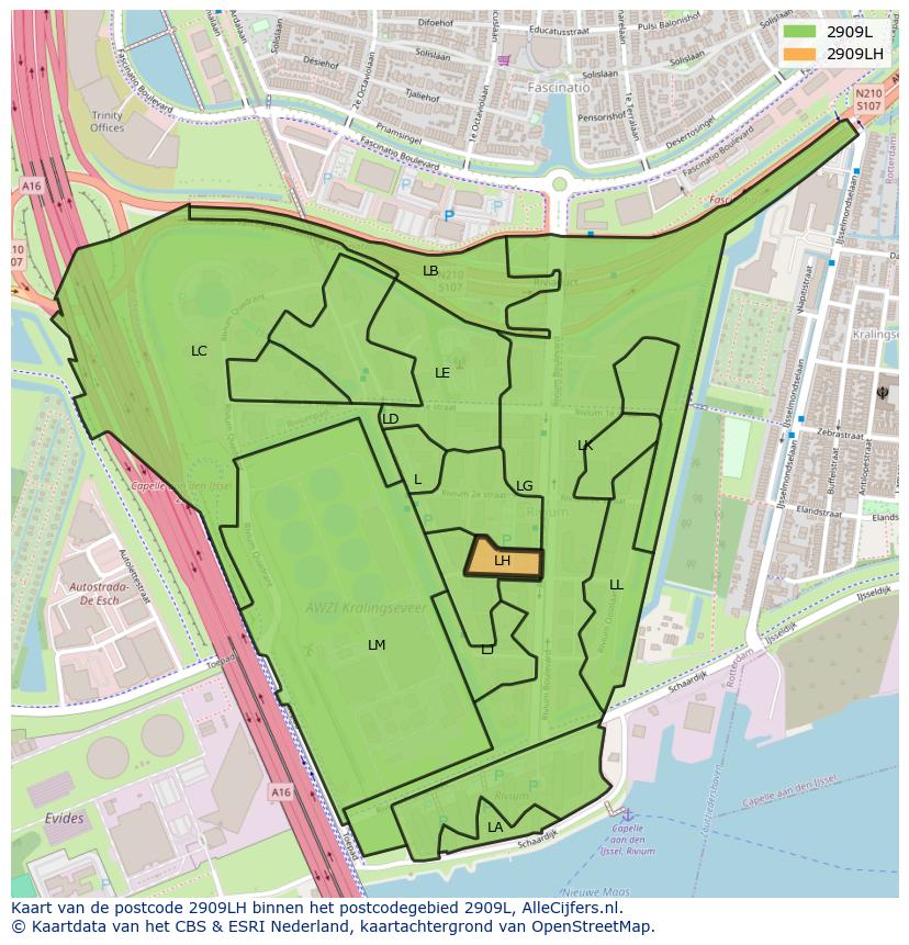 Afbeelding van het postcodegebied 2909 LH op de kaart.