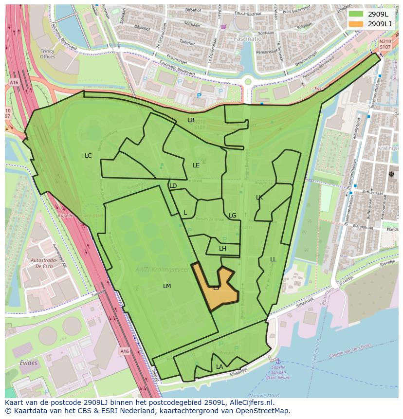 Afbeelding van het postcodegebied 2909 LJ op de kaart.