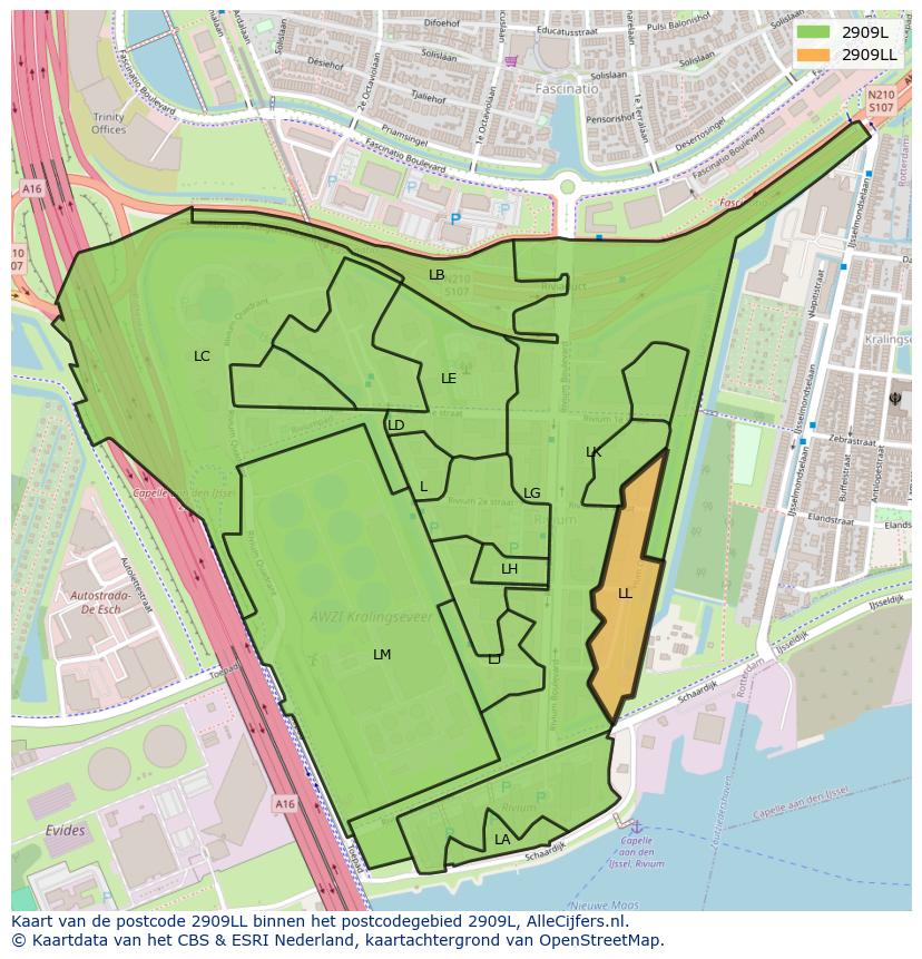 Afbeelding van het postcodegebied 2909 LL op de kaart.