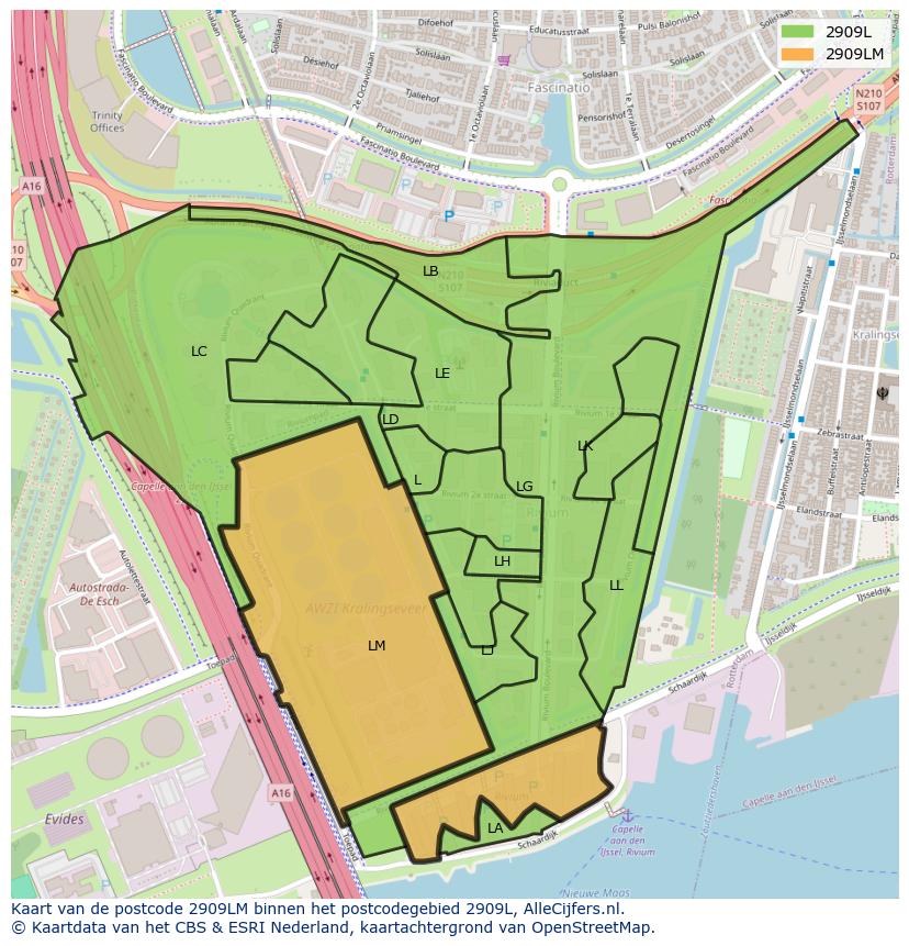 Afbeelding van het postcodegebied 2909 LM op de kaart.