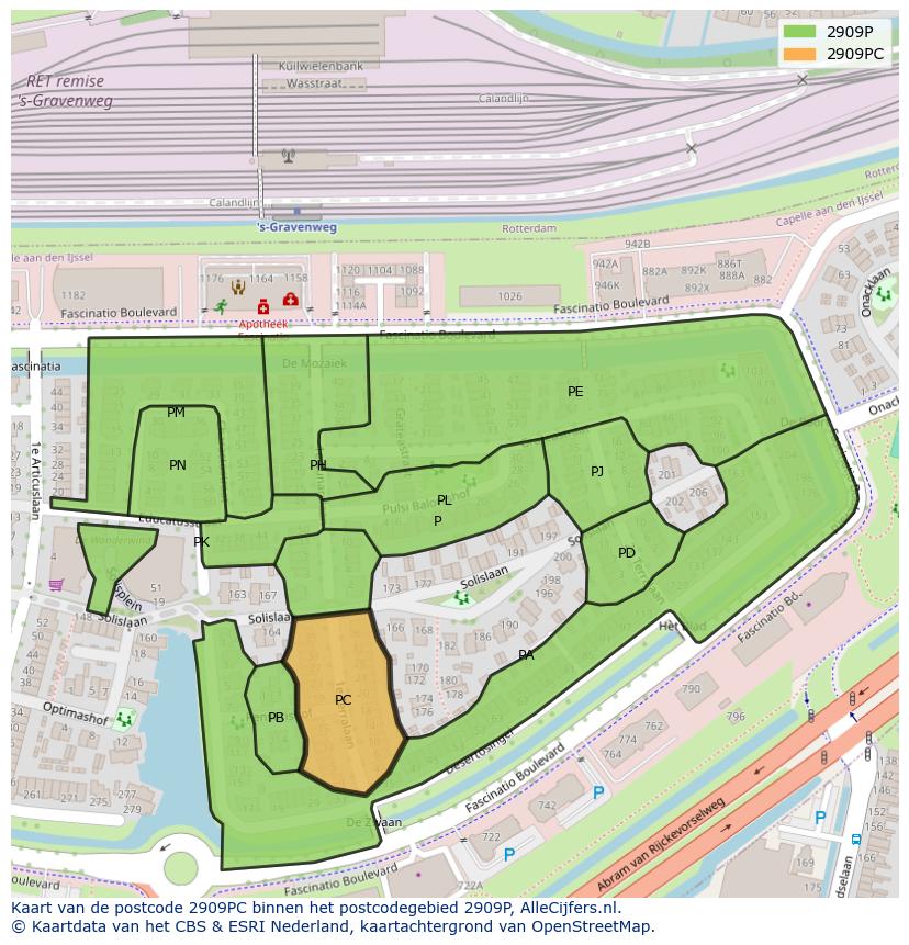 Afbeelding van het postcodegebied 2909 PC op de kaart.