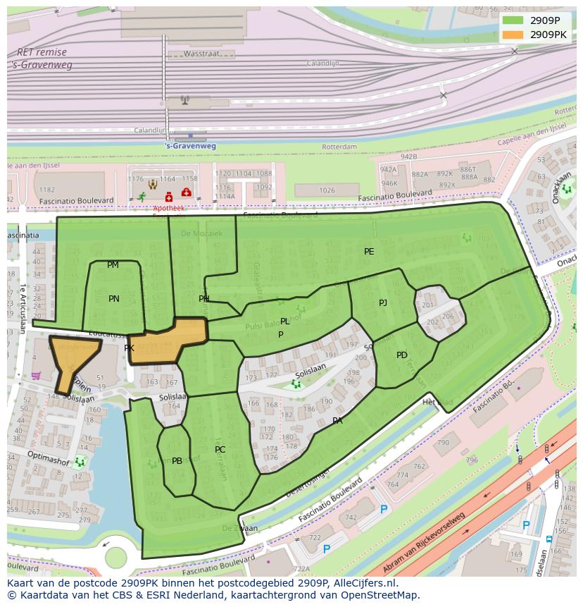 Afbeelding van het postcodegebied 2909 PK op de kaart.