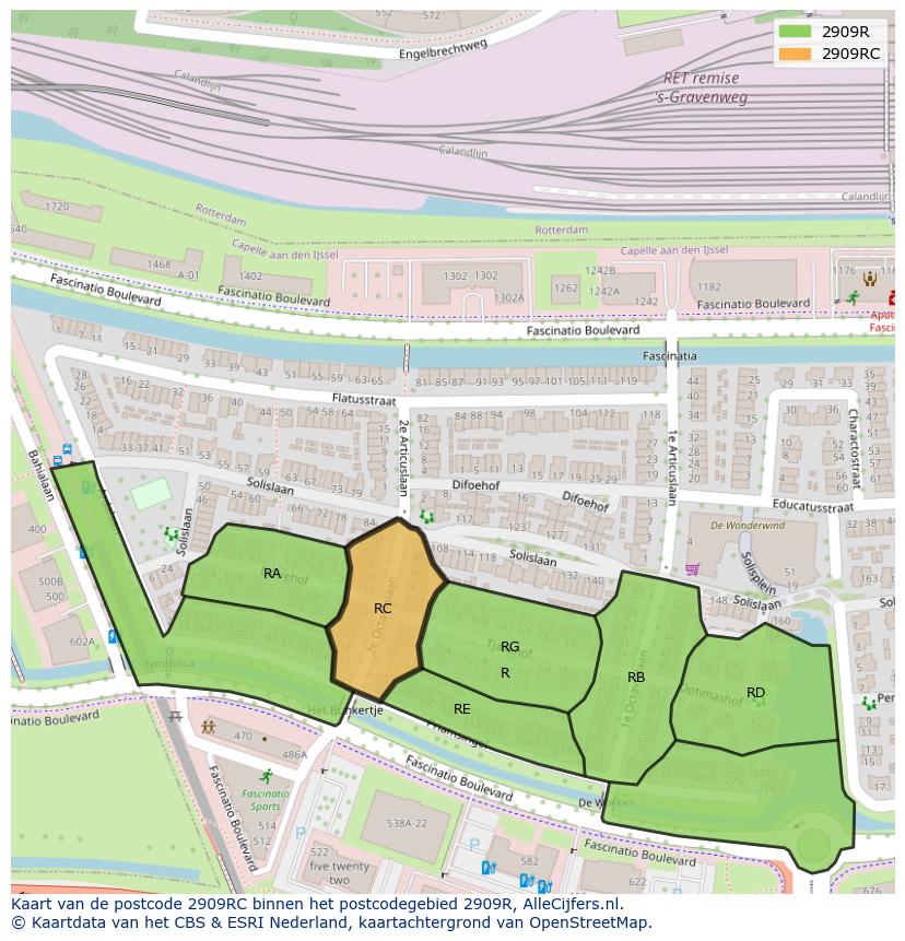 Afbeelding van het postcodegebied 2909 RC op de kaart.