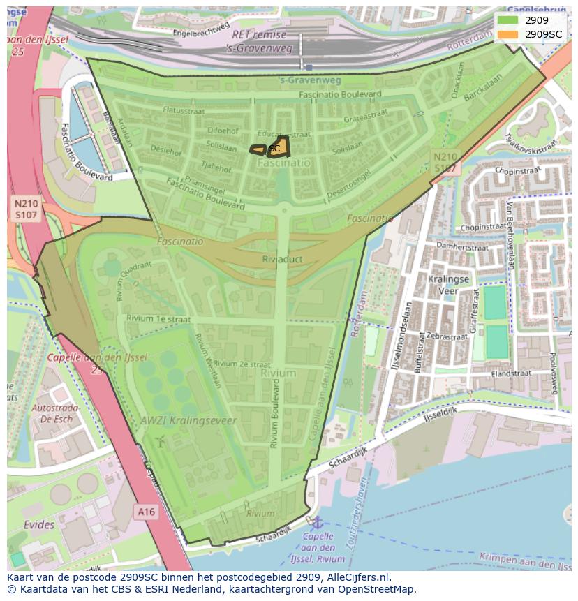 Afbeelding van het postcodegebied 2909 SC op de kaart.
