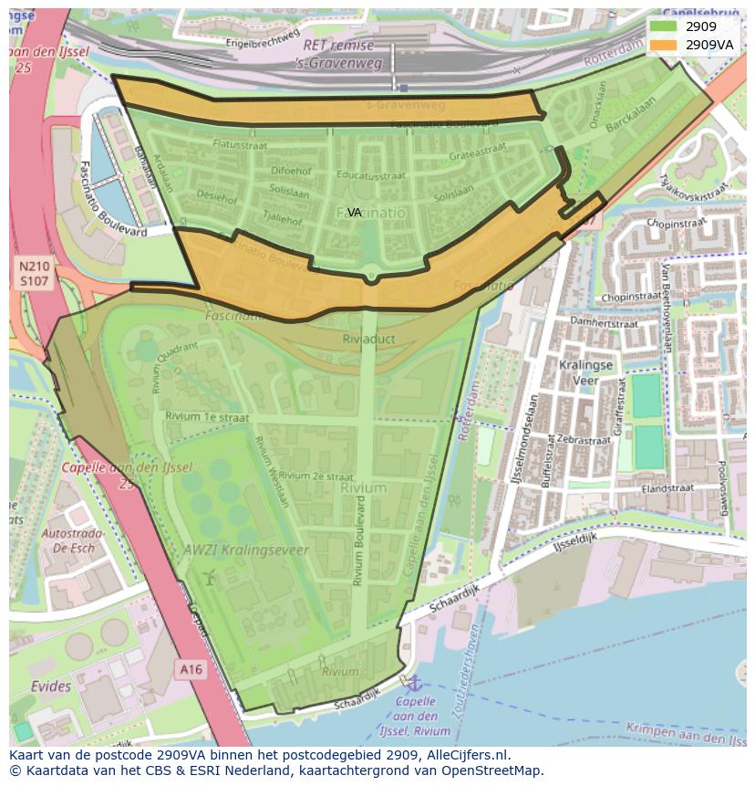 Afbeelding van het postcodegebied 2909 VA op de kaart.