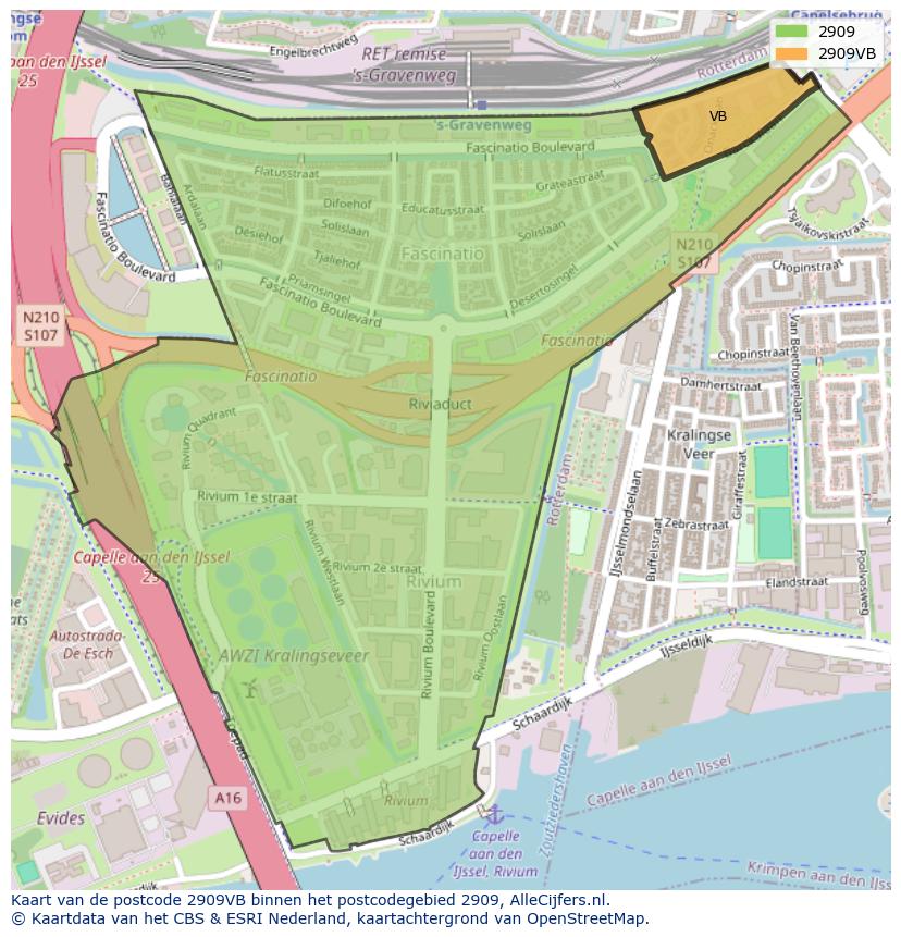 Afbeelding van het postcodegebied 2909 VB op de kaart.
