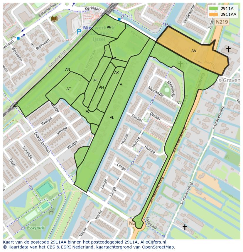 Afbeelding van het postcodegebied 2911 AA op de kaart.
