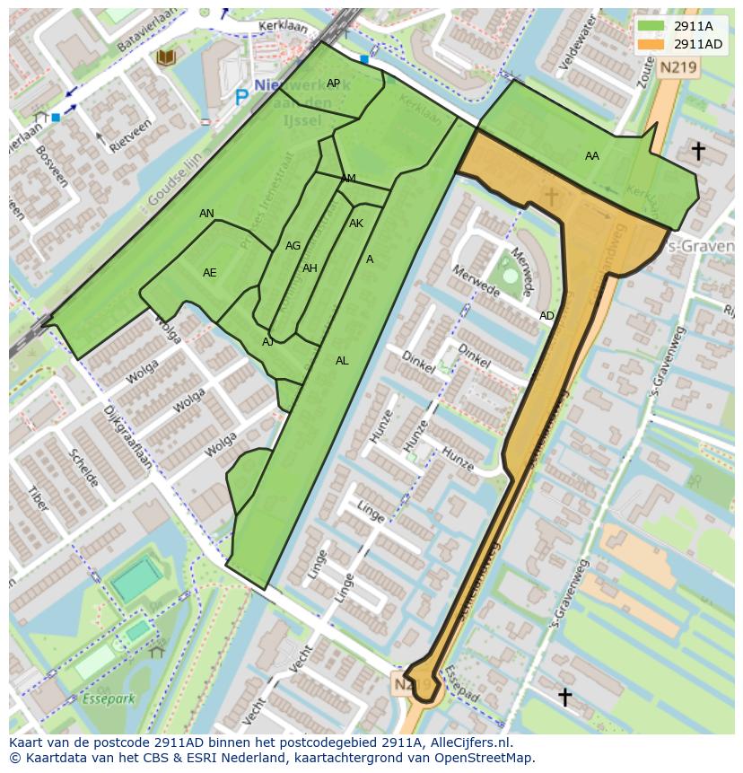 Afbeelding van het postcodegebied 2911 AD op de kaart.