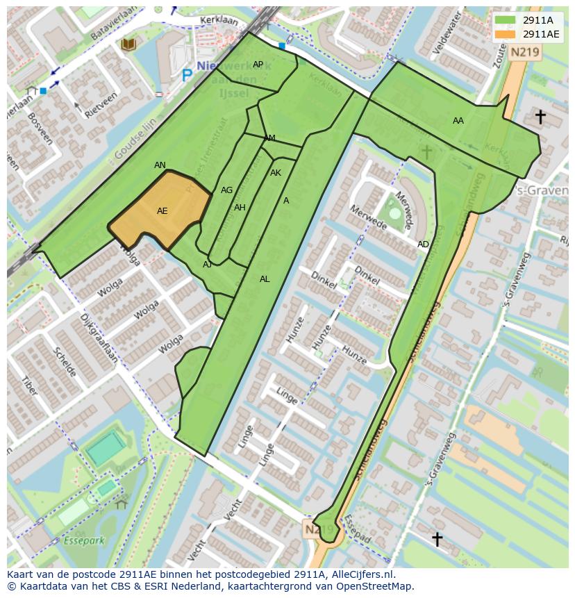 Afbeelding van het postcodegebied 2911 AE op de kaart.