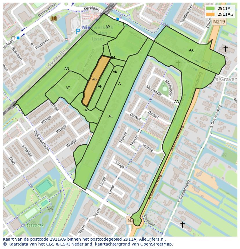 Afbeelding van het postcodegebied 2911 AG op de kaart.