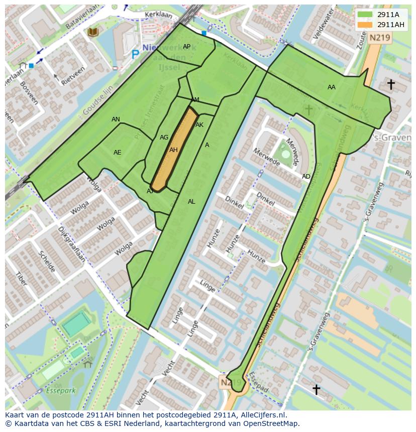 Afbeelding van het postcodegebied 2911 AH op de kaart.