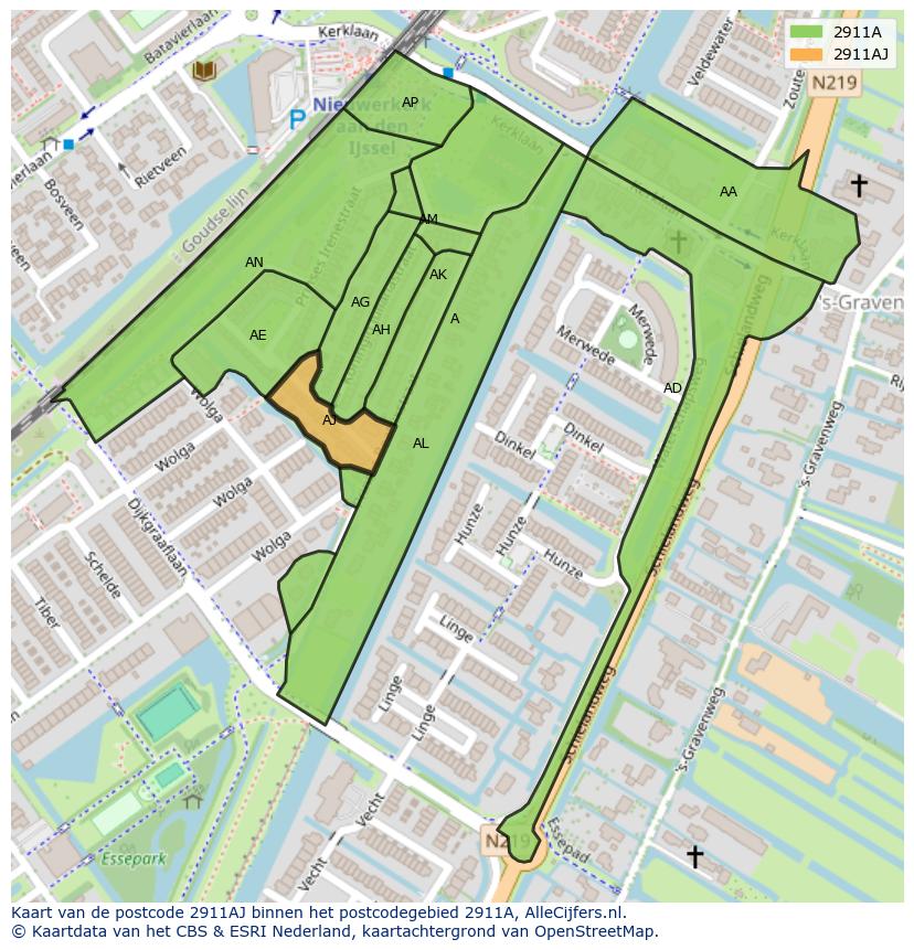 Afbeelding van het postcodegebied 2911 AJ op de kaart.