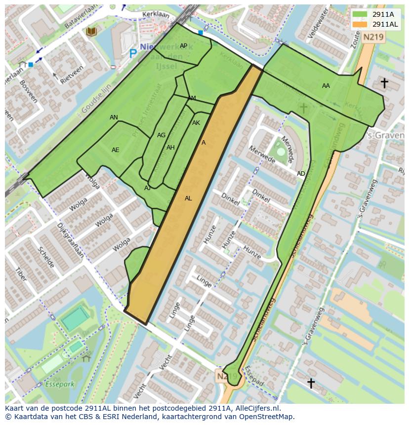 Afbeelding van het postcodegebied 2911 AL op de kaart.