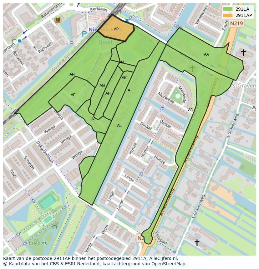 Afbeelding van het postcodegebied 2911 AP op de kaart.