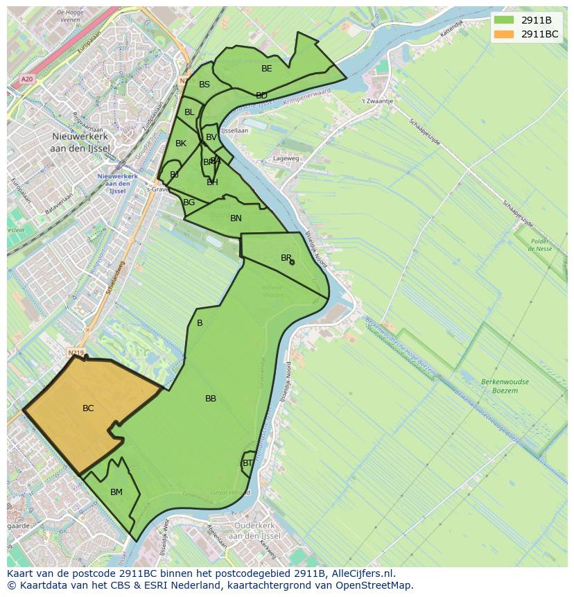 Afbeelding van het postcodegebied 2911 BC op de kaart.