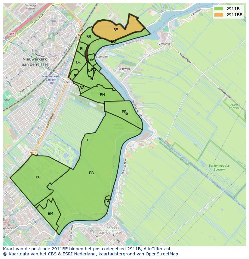 Afbeelding van het postcodegebied 2911 BE op de kaart.
