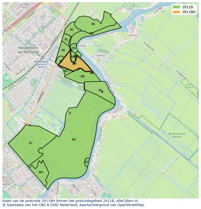 Afbeelding van het postcodegebied 2911 BH op de kaart.