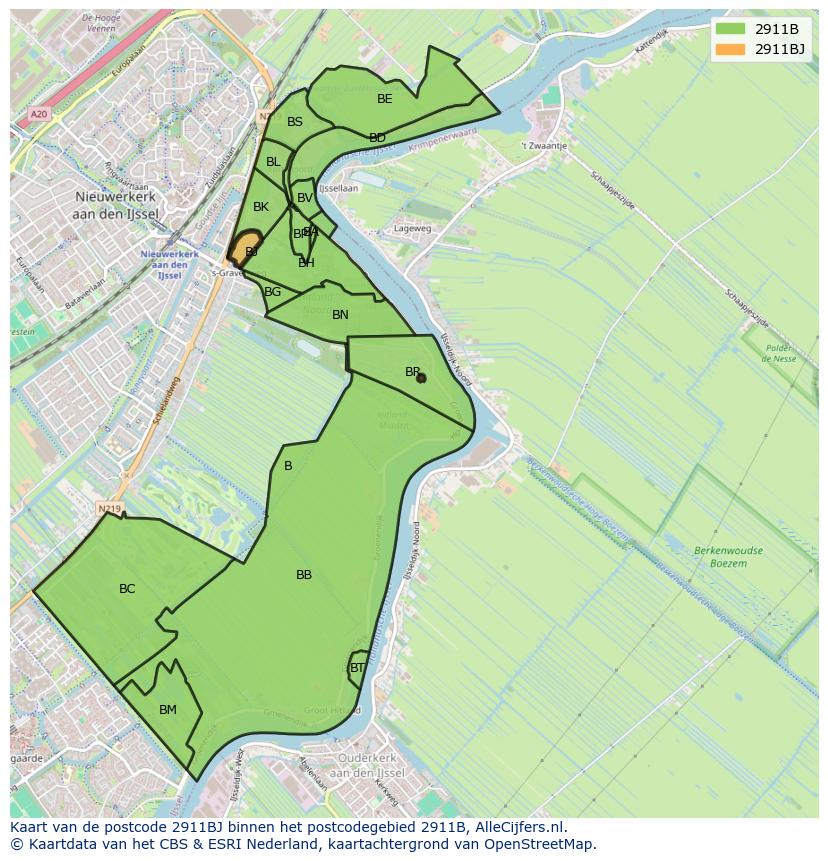 Afbeelding van het postcodegebied 2911 BJ op de kaart.