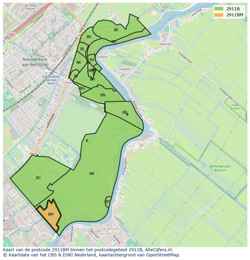 Afbeelding van het postcodegebied 2911 BM op de kaart.