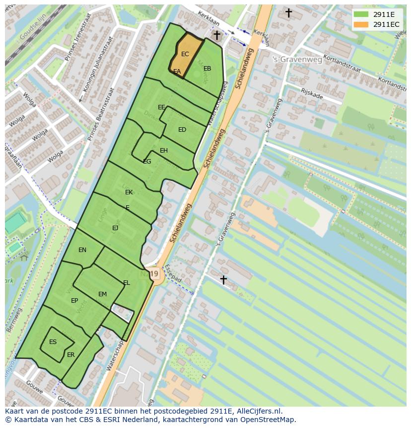 Afbeelding van het postcodegebied 2911 EC op de kaart.