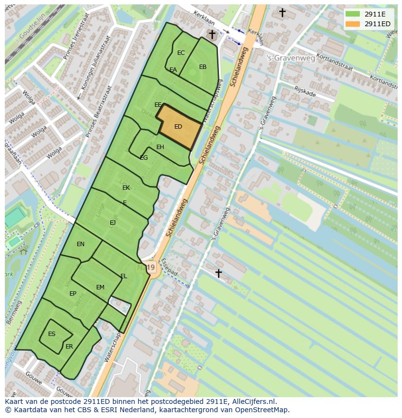 Afbeelding van het postcodegebied 2911 ED op de kaart.