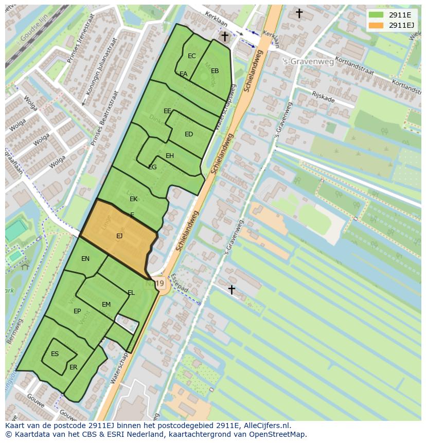 Afbeelding van het postcodegebied 2911 EJ op de kaart.