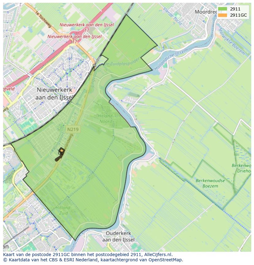 Afbeelding van het postcodegebied 2911 GC op de kaart.