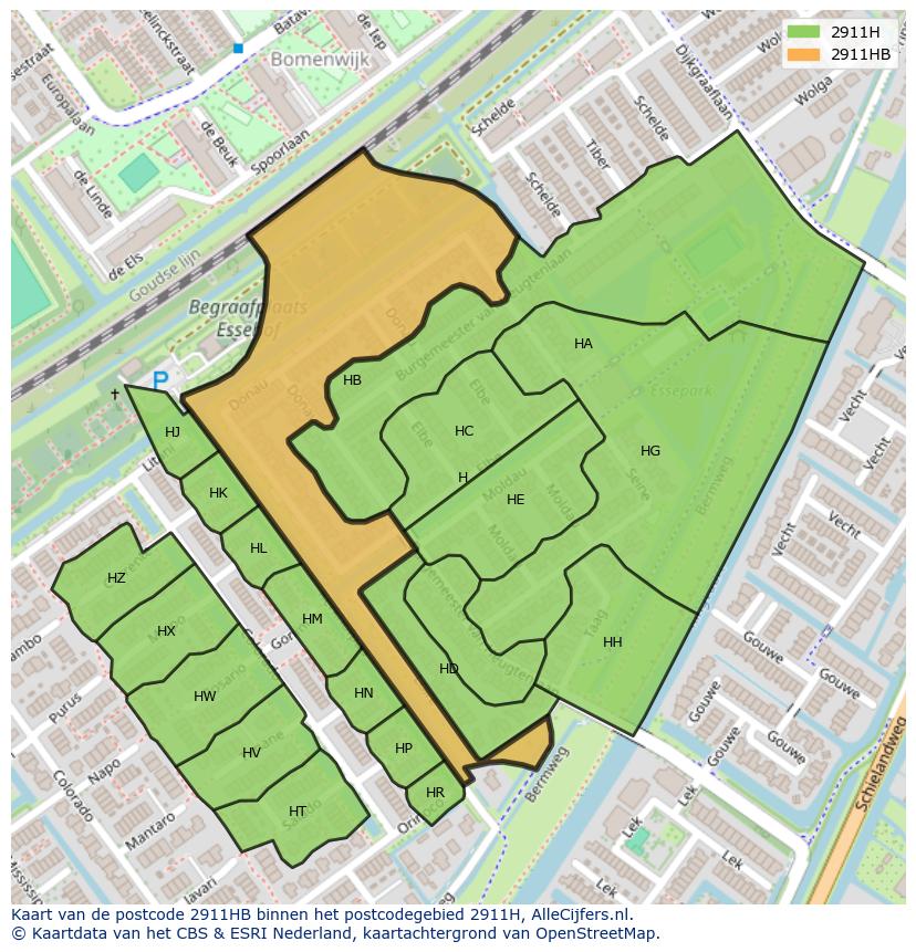 Afbeelding van het postcodegebied 2911 HB op de kaart.