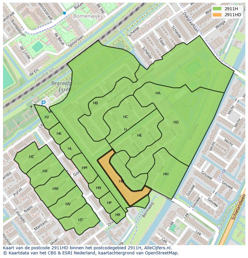 Afbeelding van het postcodegebied 2911 HD op de kaart.