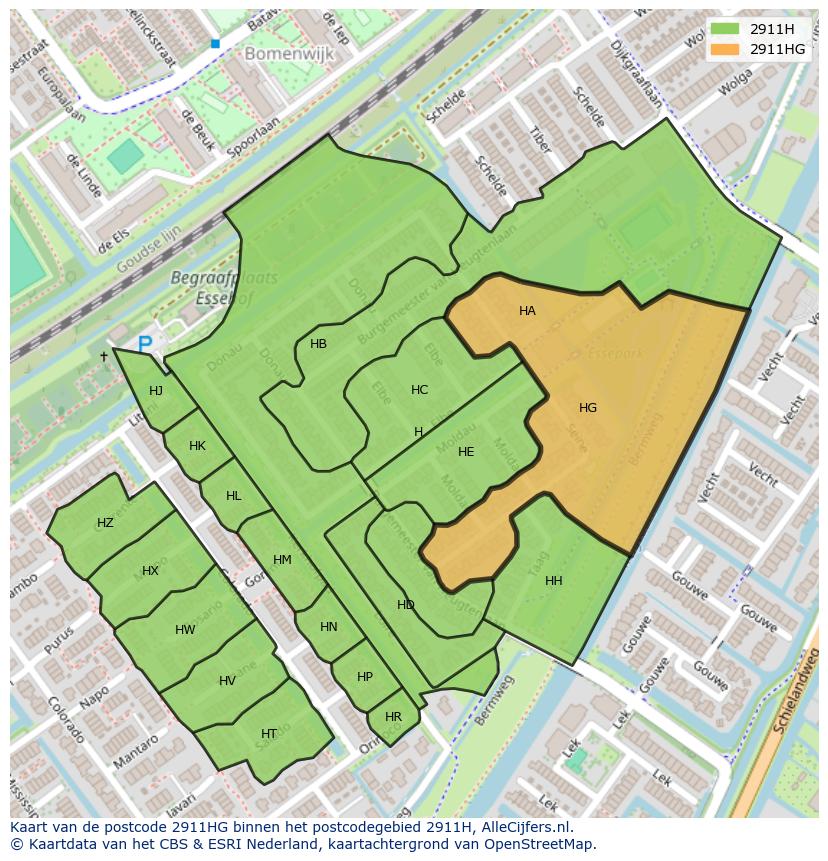 Afbeelding van het postcodegebied 2911 HG op de kaart.