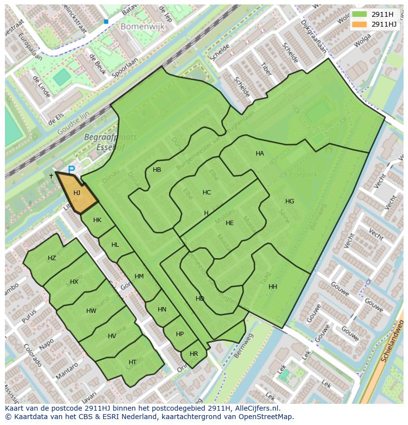 Afbeelding van het postcodegebied 2911 HJ op de kaart.