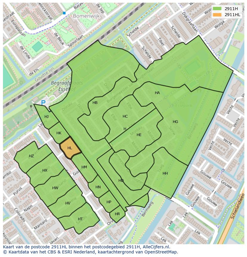 Afbeelding van het postcodegebied 2911 HL op de kaart.