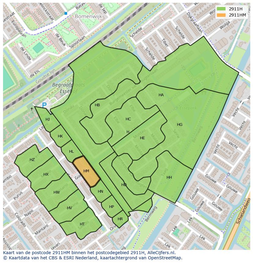 Afbeelding van het postcodegebied 2911 HM op de kaart.