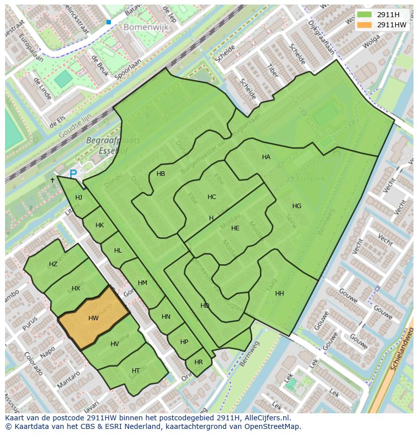 Afbeelding van het postcodegebied 2911 HW op de kaart.