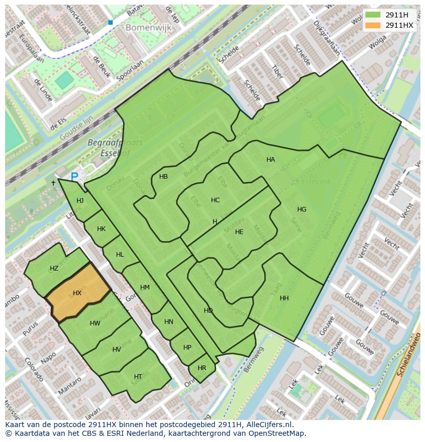 Afbeelding van het postcodegebied 2911 HX op de kaart.