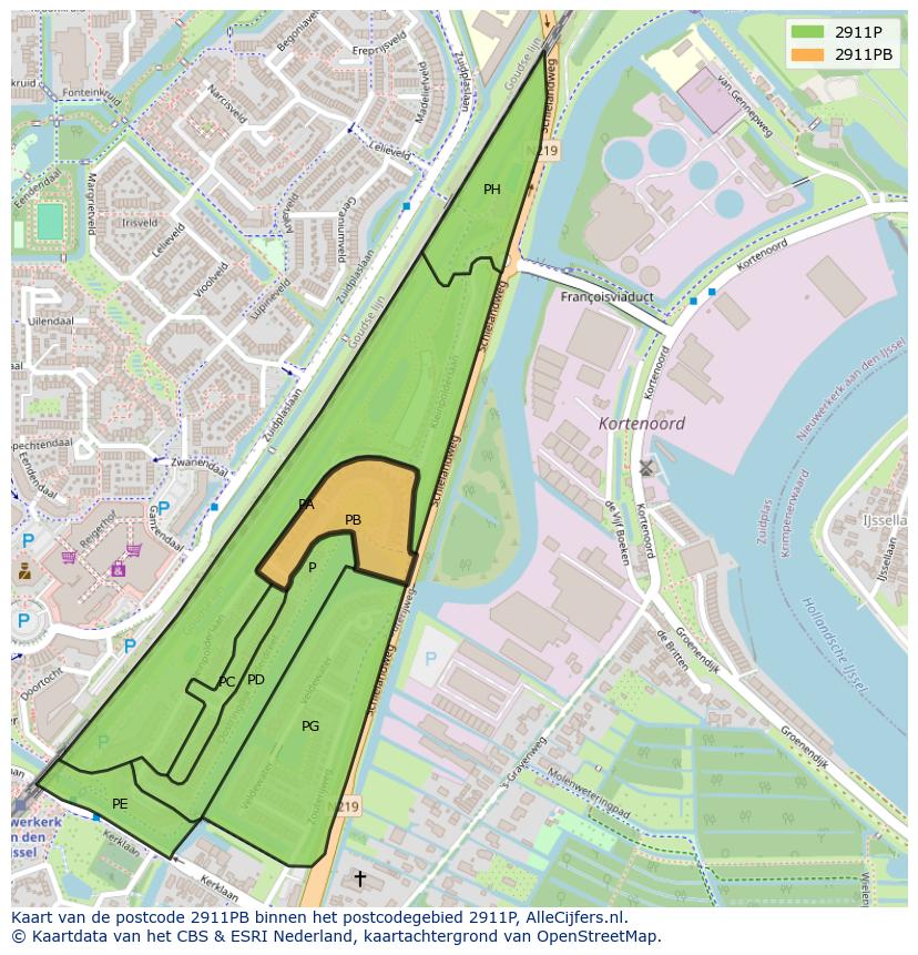 Afbeelding van het postcodegebied 2911 PB op de kaart.